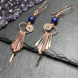 Genuine Blue Lapiz Lazuli Beaded Fringe Copper Earrings Artisan Designed